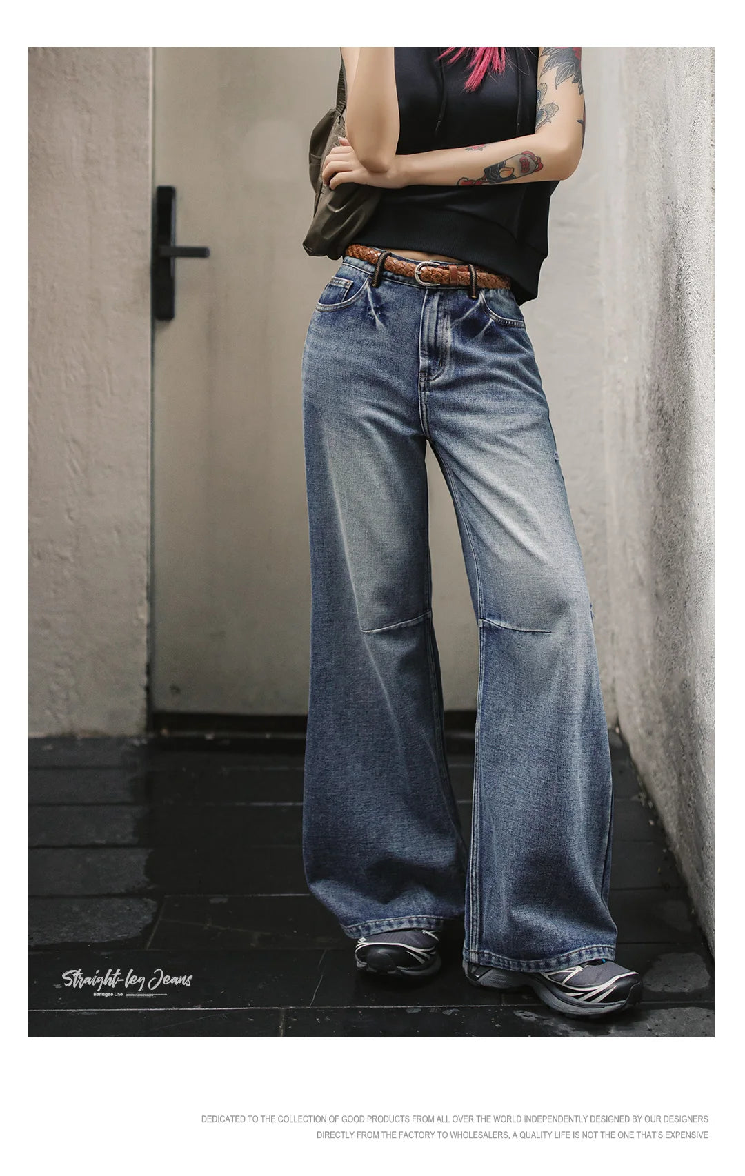 Maden Women's Vintage Low Waist Denim Jeans Heavyweight Washed Casual Long Pants with YKK Zipper for Spring and Autumn