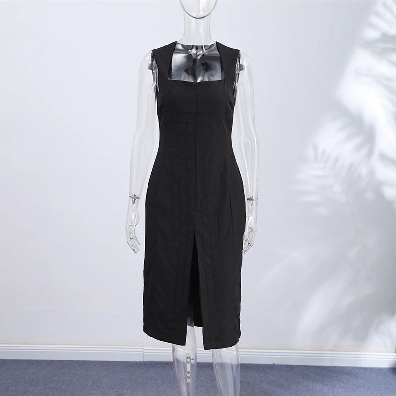 Camisole Women's Dress U Neck Zipper Dress Fitted Waist Split Long Dress Elegant Stylish Wear Date Party Outfit