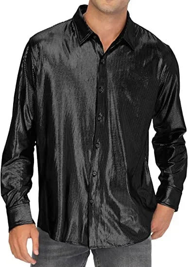 Metallic Shiny Polyester Dress Shirts for Men Black Solid Gold Red Silver Long Sleeve Turn Down Collar Prom Disco Men's Shirt