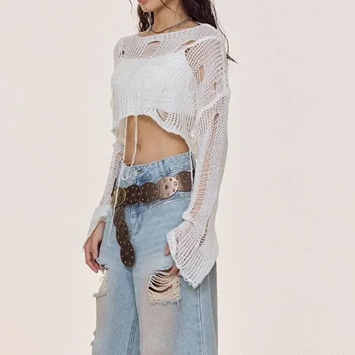 Sexy White Slash Neck Grunge Knitted Women's Sweater Hole Ripped Pullover Crop Top Harajuku Hollow Out Fashion Summer Jumpers