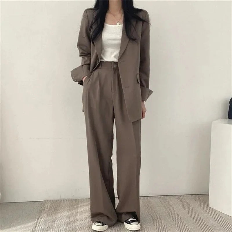 2026 Female Solid Color Blazer 2PCS Autumn Women Lapel Tops High Waist Outfit Korean Ladies Long Sleeves Suit Wide Leg Pants