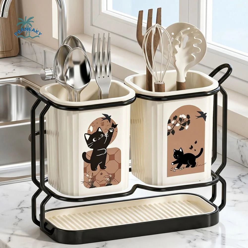 Cute Cat Kitchen Storage Basket Durable Standing Chopsticks Holder Organizer No-drill Tableware Drainer Kitchen