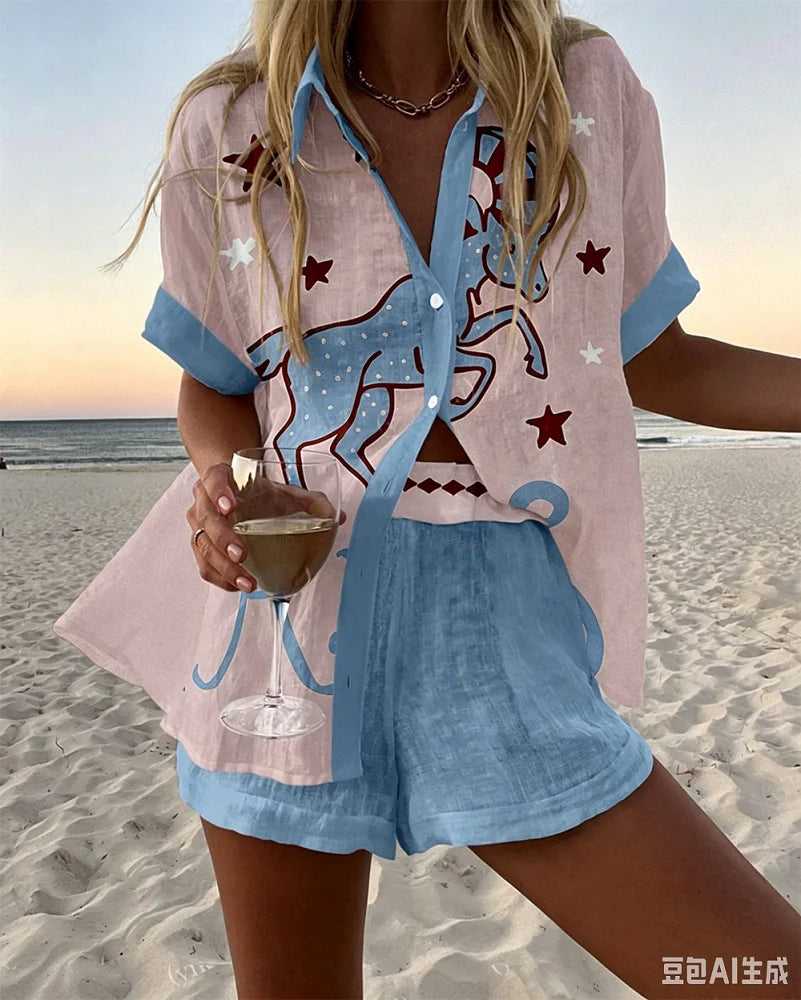 Holiday Summer Vacation Shorts Set 3D Printed Seaside Tropical Casual Lapel Shirt Blouse Top Shorts 2-Piece Suits Beach Clothes