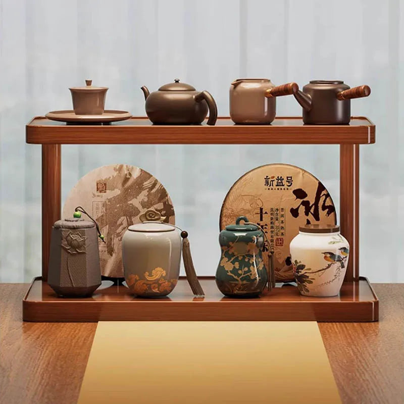Versatile 2-Tier Wooden Storage Rack for Kitchen&Tea Room-Countertop Organizer with Decorative Desktop Multi-layer Storage Rack