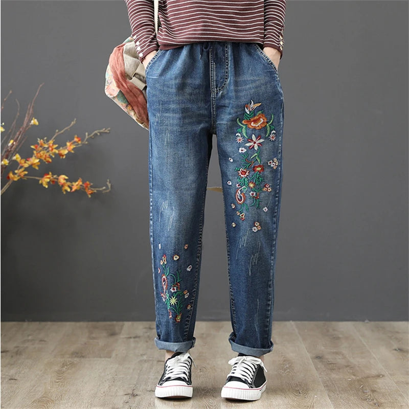 Women's Denim Pants Vintage Flower Embroidery Chinese Hand Work High Quality Casual Loose Jeans China Clothing Factory Wholesale
