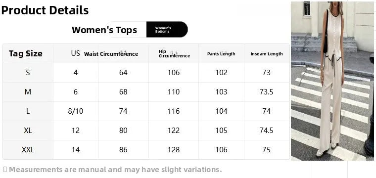 Summer 2026 Women's Color Block Sleeveless Single Button Vest And Drawstring Pants Set Fashionable Casual Outfit Polyester