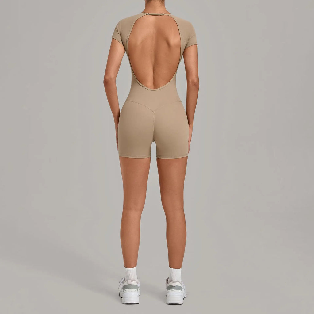 Women Short Sleeve Open Back Yoga Bodysuit Squat Proof Short Jumpsuit Gym Pilates Running Workout Fitness Sport Activewear