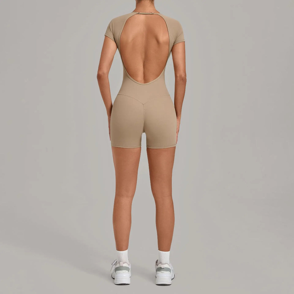 Women Short Sleeve Open Back Yoga Bodysuit Squat Proof Short Jumpsuit Gym Pilates Running Workout Fitness Sport Activewear