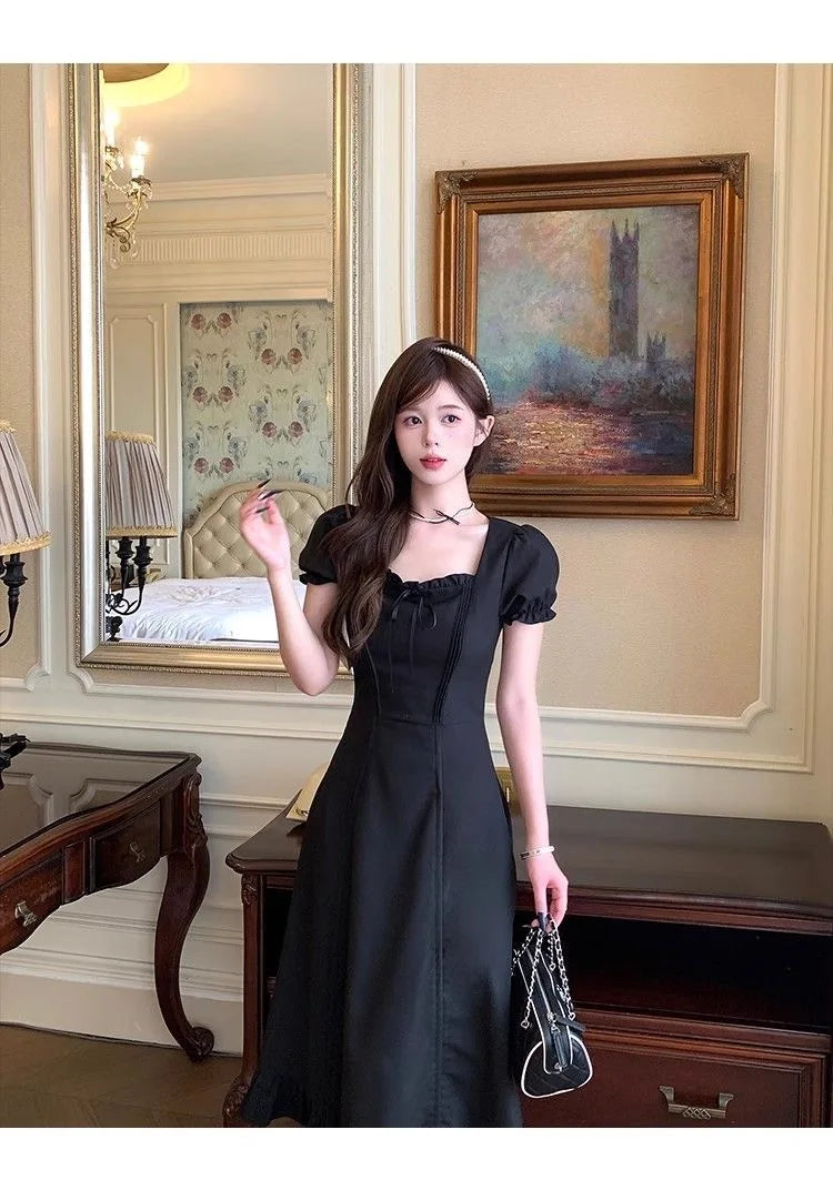 Sweet Pure Desire ort Skirt Summer Slimming Waistline Red Square Collar Long Dr Women's Faionable Versatile A-Line Dr