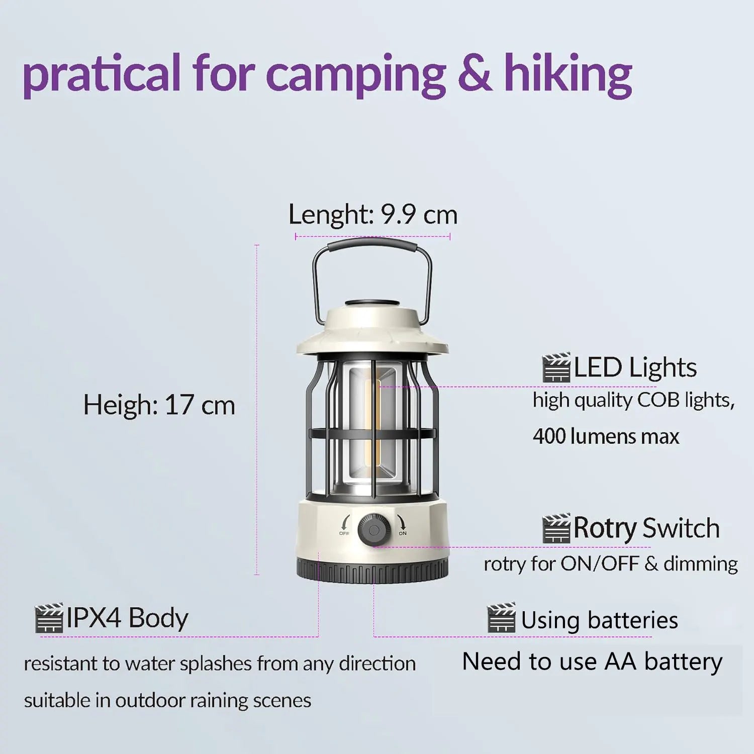 LED Camping Lantern, Vintage Metal Camp Light, Camping Lights, Portable, Outdoor Tent Bulb, Outages