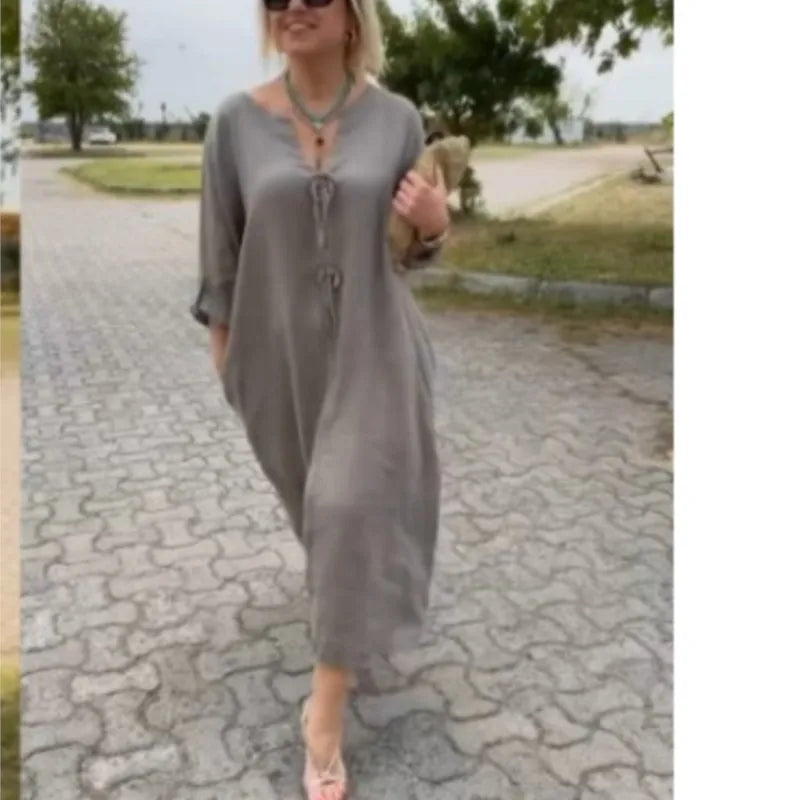 2025 Autumn Solid Maxi Dresses For Women Casual Loose Long Sleeve V Neck Button Streetwear Vacation Basic Dress Vestido Elegante