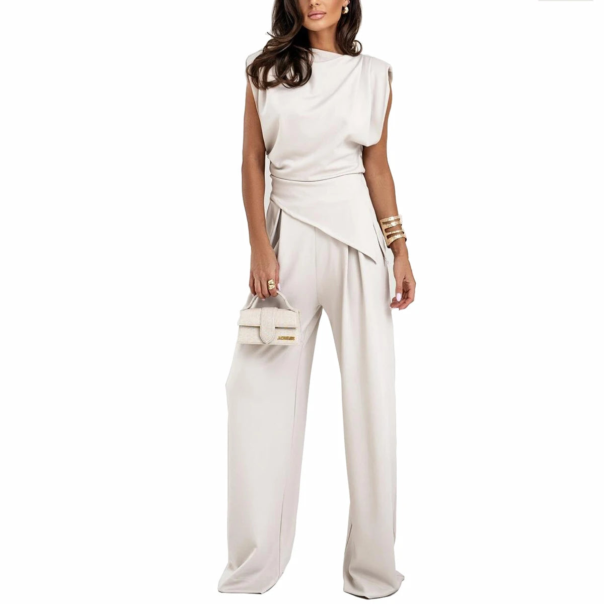 Elegant Simple Women Solid Color Sleeveless Two-piece Set Fashion High Street Irregular Outfit Straight Commuting Top Pants Suit