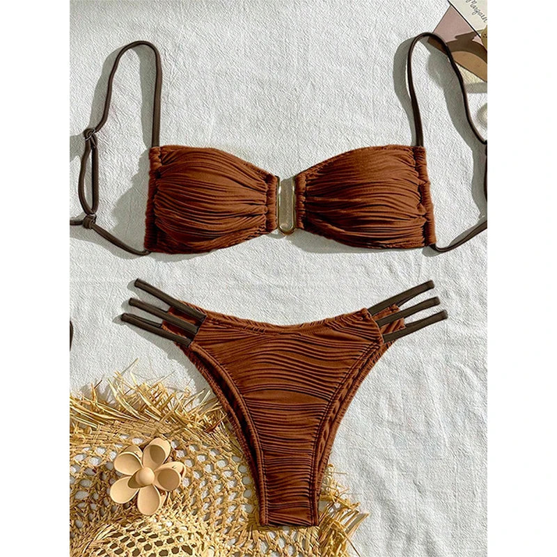 Vzvn Sexy Solid Beach Vacation Bikinis Set Women Split Swimsuit Bikini 2026 New All Season Backless Bandage Bikinis 2 Piece Set