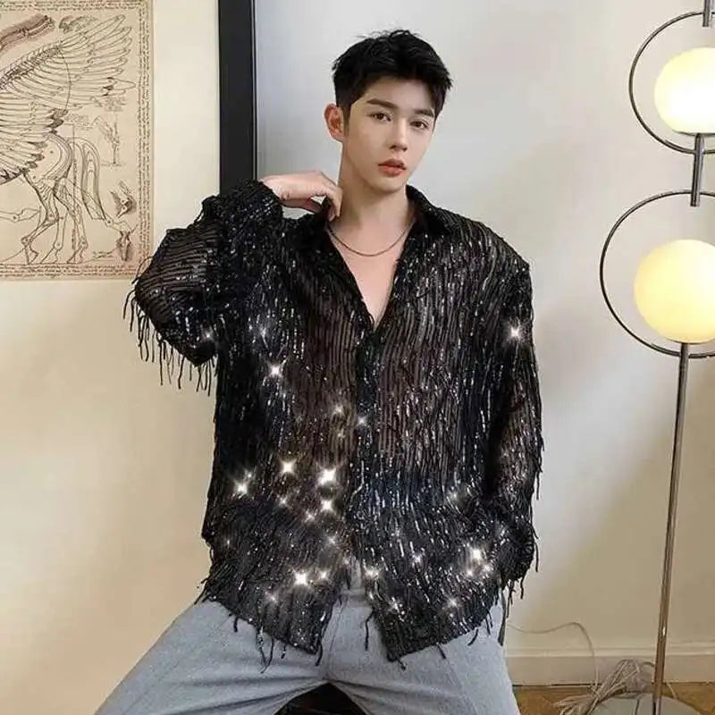 IEFB Spring Summer Men's Shirt Long Sleeve New Irregular Sequin Tassel Shirts Niche Streetwear Korean Style Male Top Tide 9Y7232