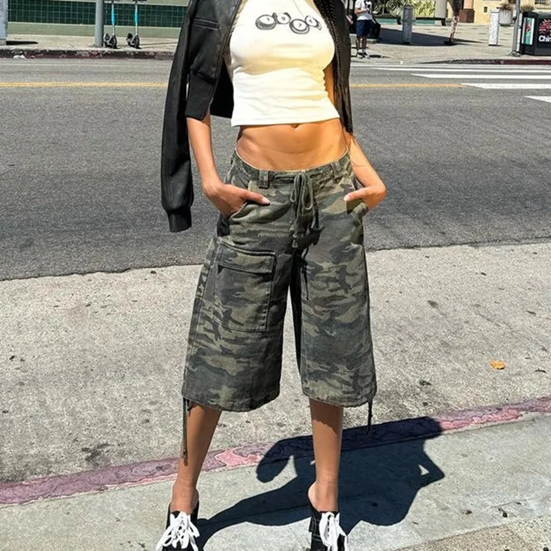 Women Retro Cargo Denim Shorts Vintage Camouflage Print Loose Drawstring Short Pants Y2k Aesthetic Cyber Grunge Streetwear