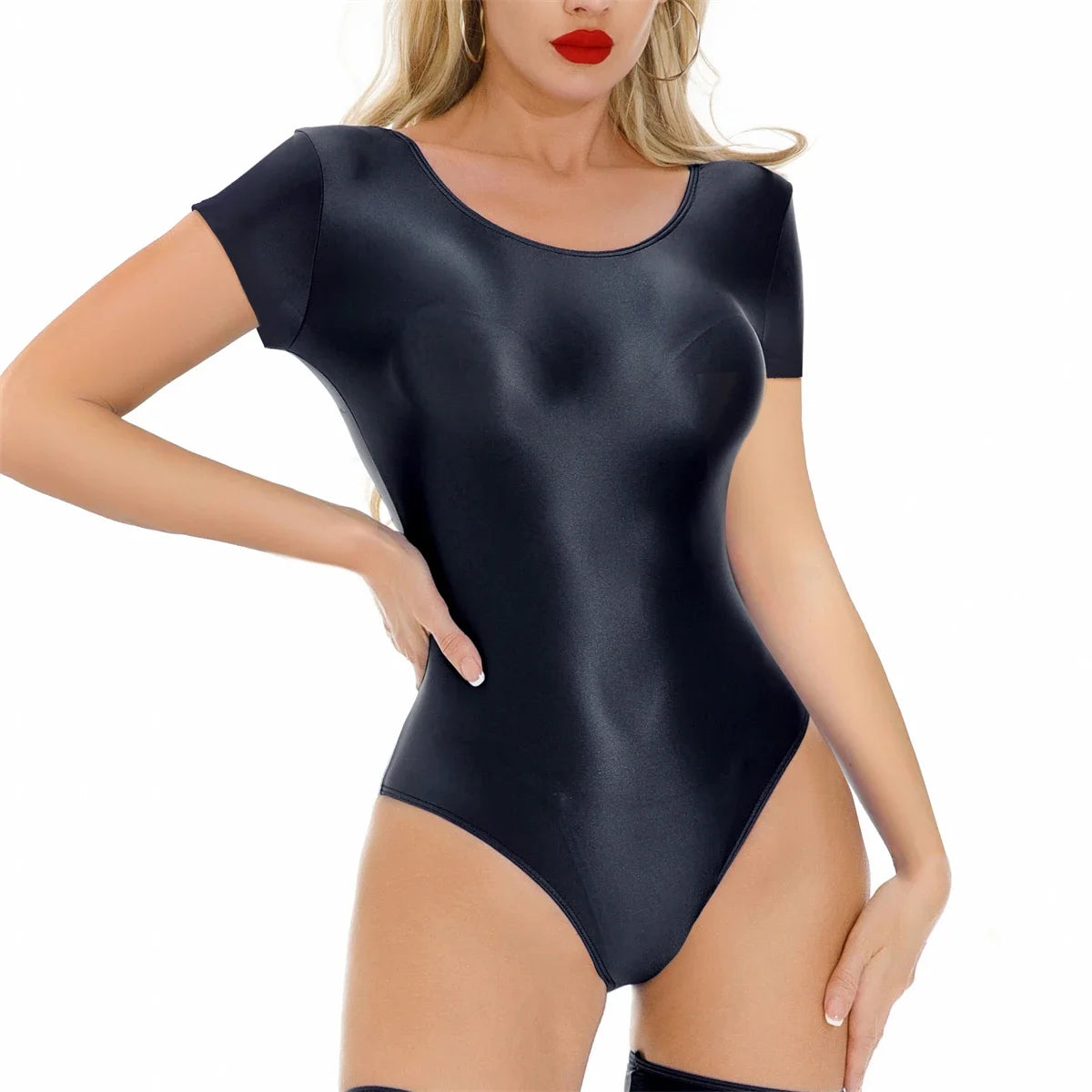 Women Sexy Bikini Leotard Solid Color Oil Shiny Smooth Bodysuits Short Sleeve Swimwear Rompers Transparent Yoga Fitness Catsuits