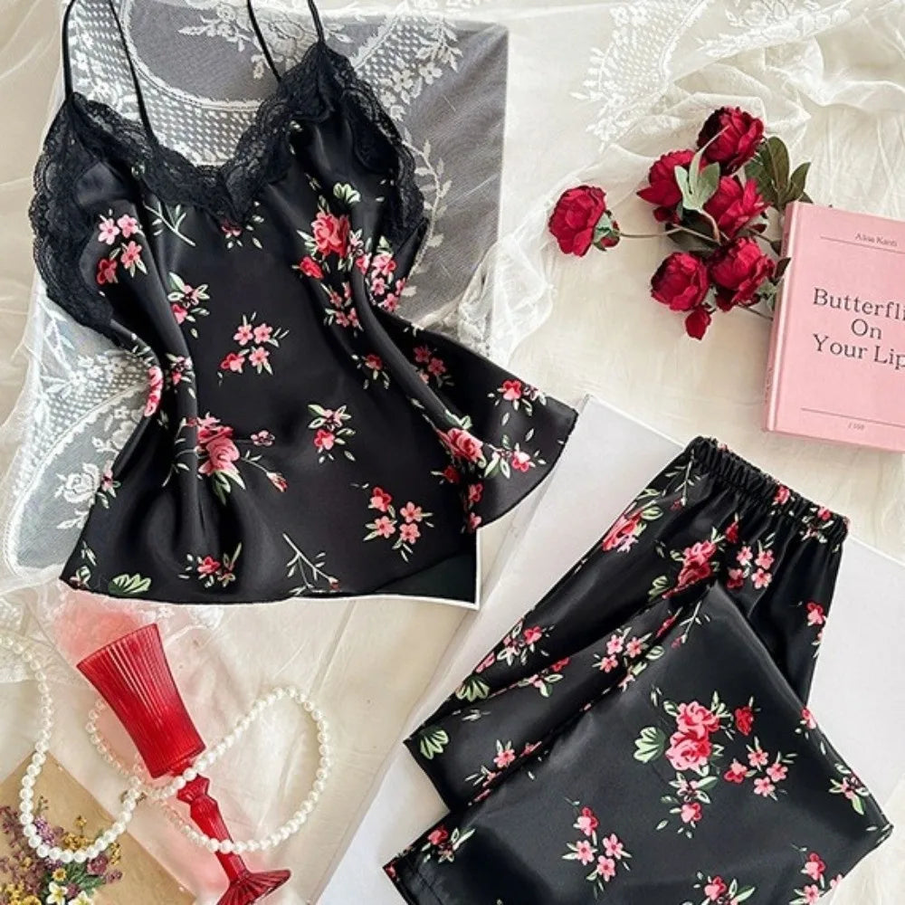 Satin Ice Silk Women's Printed Pajamas Set Lace-Trimmed V-Neck Floral Printed Ice Silk Suspender Sleepwear Sleeveless