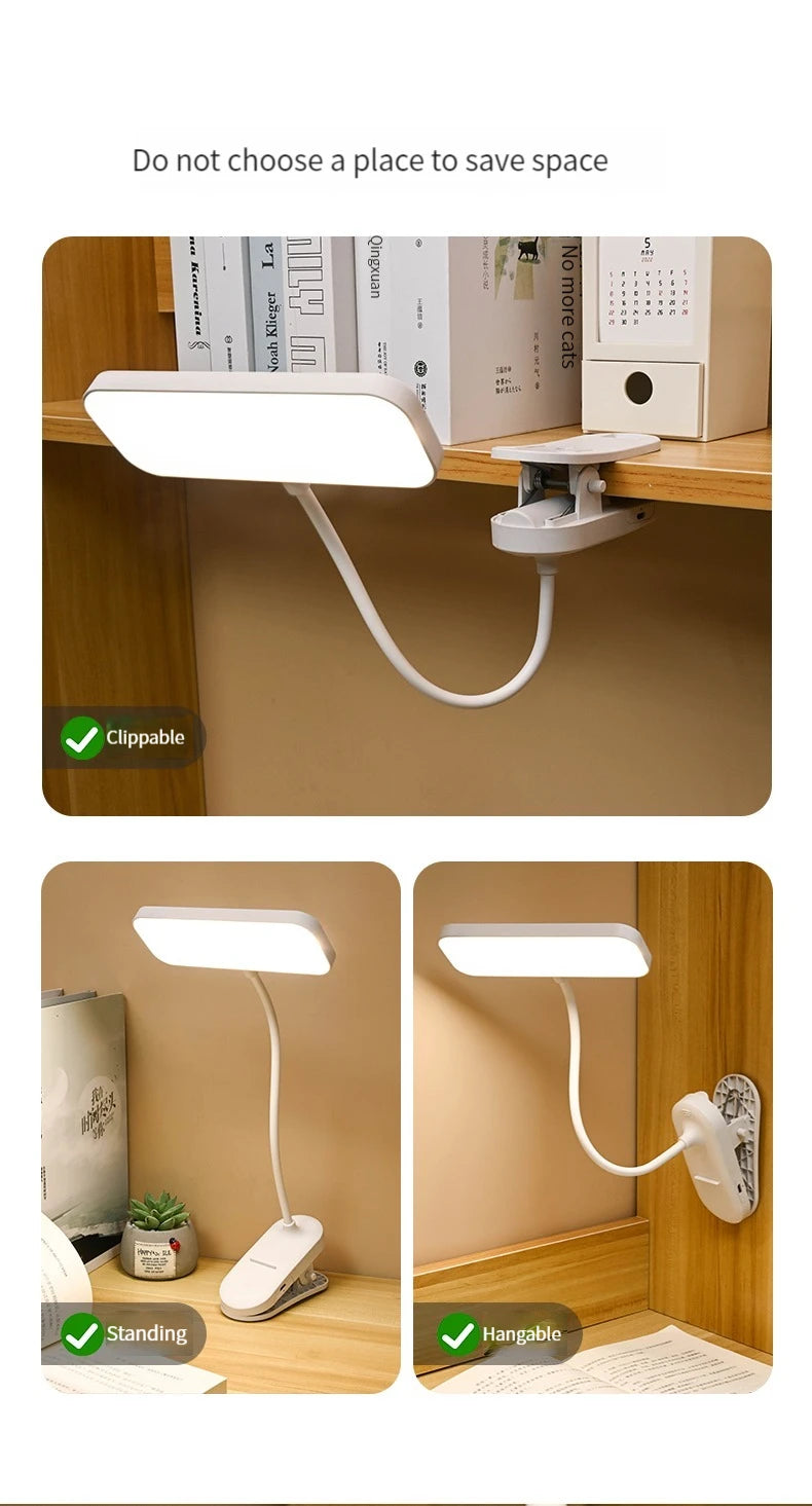 Clip-On Desk Lamp with Eye Care, USB Rechargeable & Plug-in Dimmable LED Light, Adjustable Study Lamp for College Dorm, Bedroom