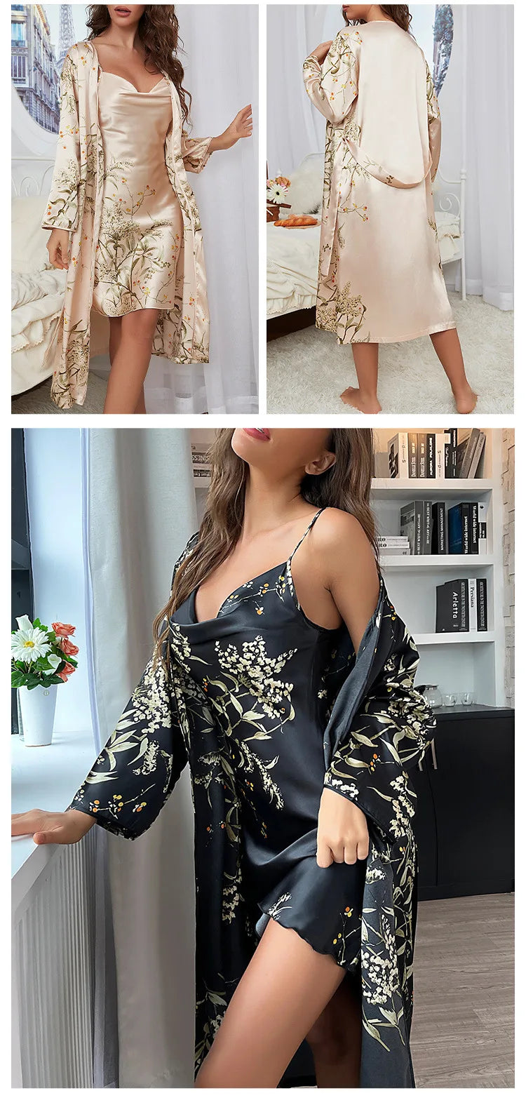 Women 4PCS Pajamas Kimono Bathrobe Nightgown Print Cherry Flower Trouser Suit Sleepwear Loose Satin Home Wear Pyjama Pour Femme