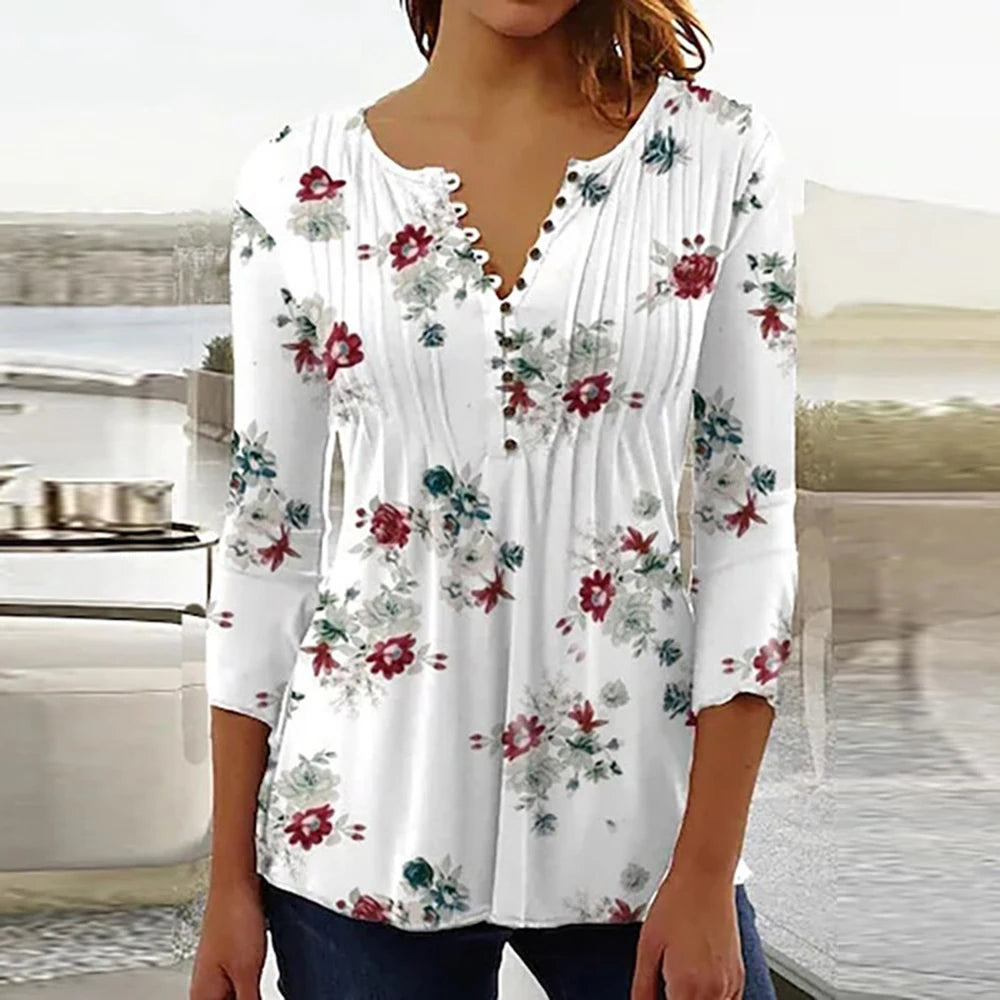 2024 Trendy 3D Printed Shirts for Women Spring Summer 3/4 Sleeve V Neck Buttons Blouse Shirt Elegant Ladies Long Sleeve Tops