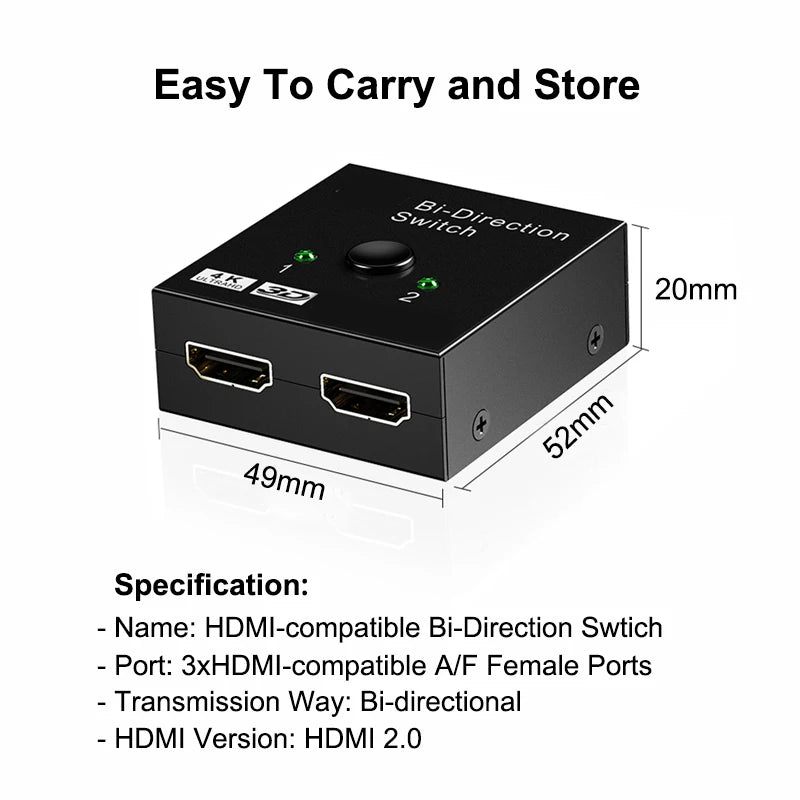 HD 4K 60Hz Bidirectional Switcher HDMI-compatible Switcher 2 in 1 out 1X2 Distribution for PC Laptop Projector