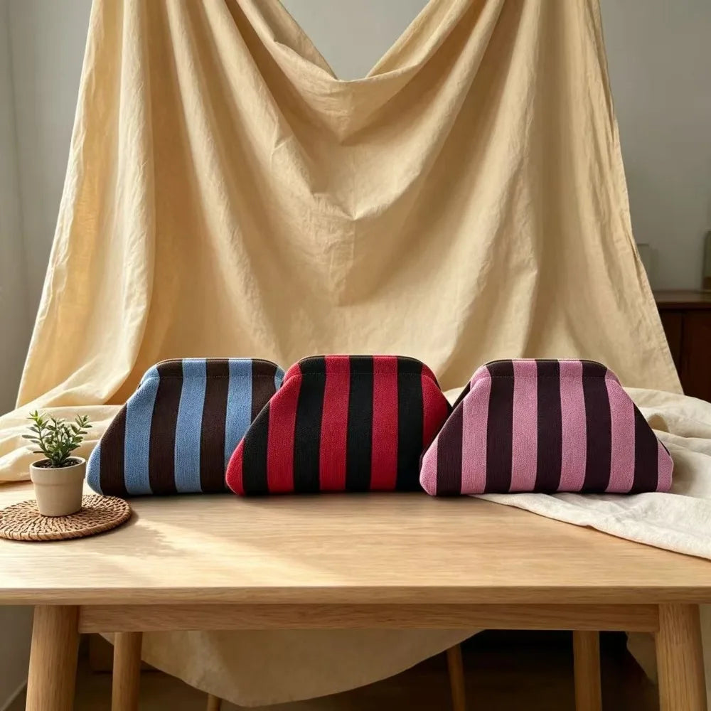 New Bright-Colored Knit Bag, Thin Striped Fly-Knit Cloud, Versatile Elegant Portable Makeup Bag, Large-Capacity Handbag