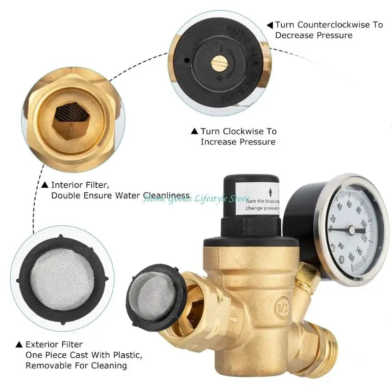 E74E Water Pressure Regulator Water Pressure Reducer for Campers Knob Adjustable