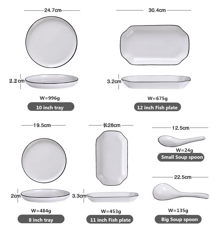 White With Black Edge Dinner Plate Ceramic Kitchen Tray Food Dishes Rice Salad Noodles Bowl Soup Kitchen Cook Tool 1pcs Sale