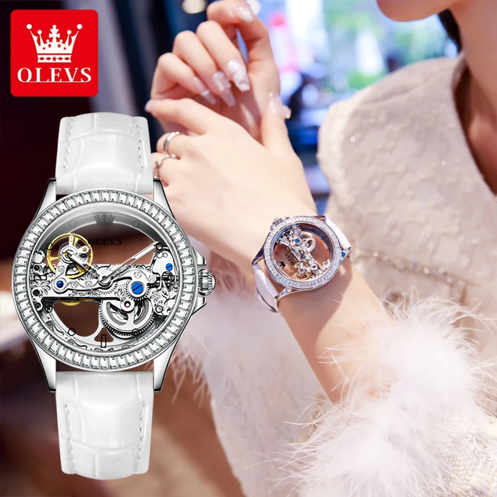 OLEVS Couple Watches Original Fully Transparent Skeleton Automatic Mechanical Watches For Men Women Lover's Gift Luxury Watches
