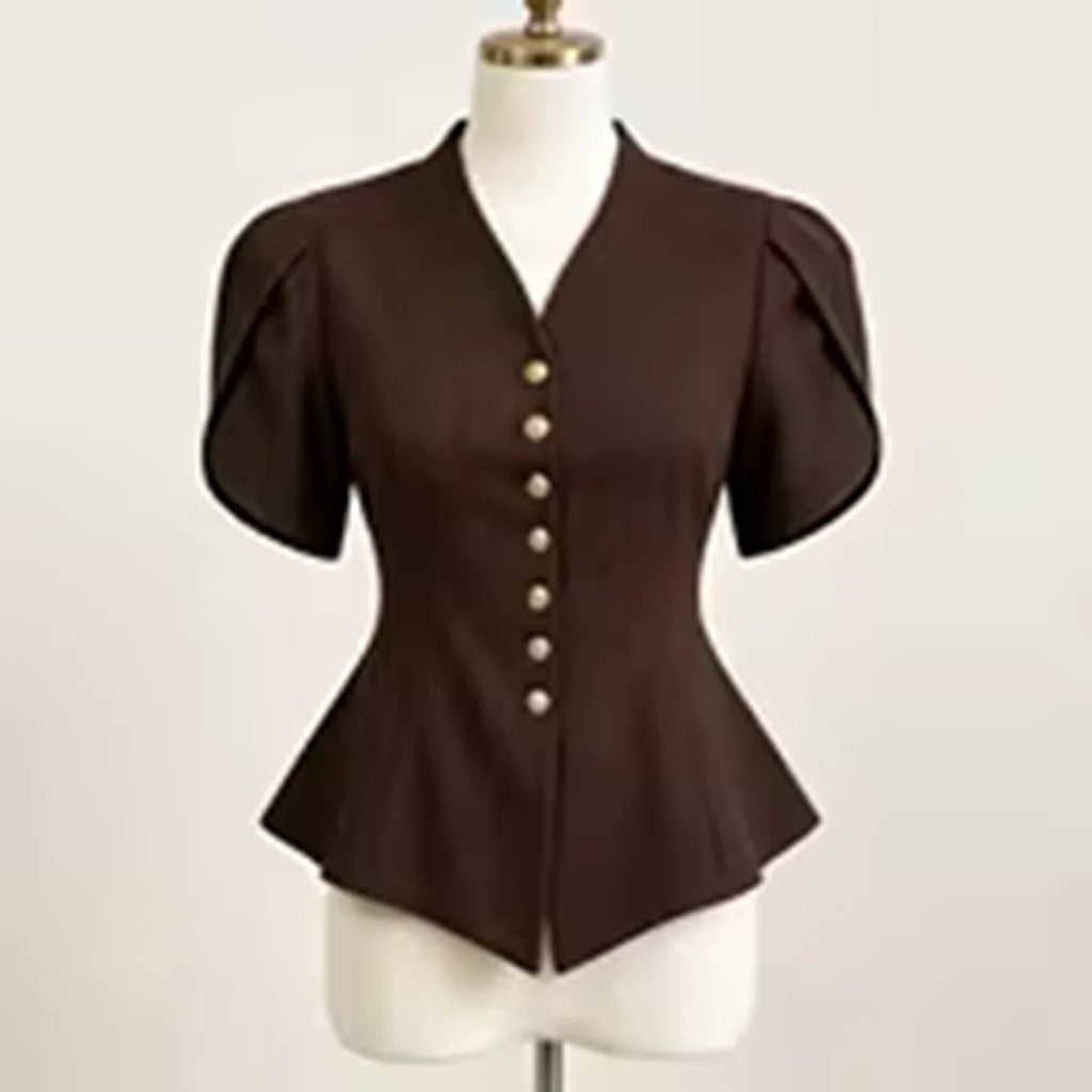 LIMO Peplum Blazer Top with V-Neck, Puff Sleeves and Decorative Buttons