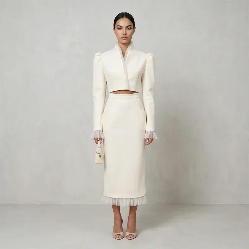 White Women's mesh two piece set Puff Sleeve V Neck blazer two piece dress set Daily Commuter Party  Outfit 2026 Summer Style