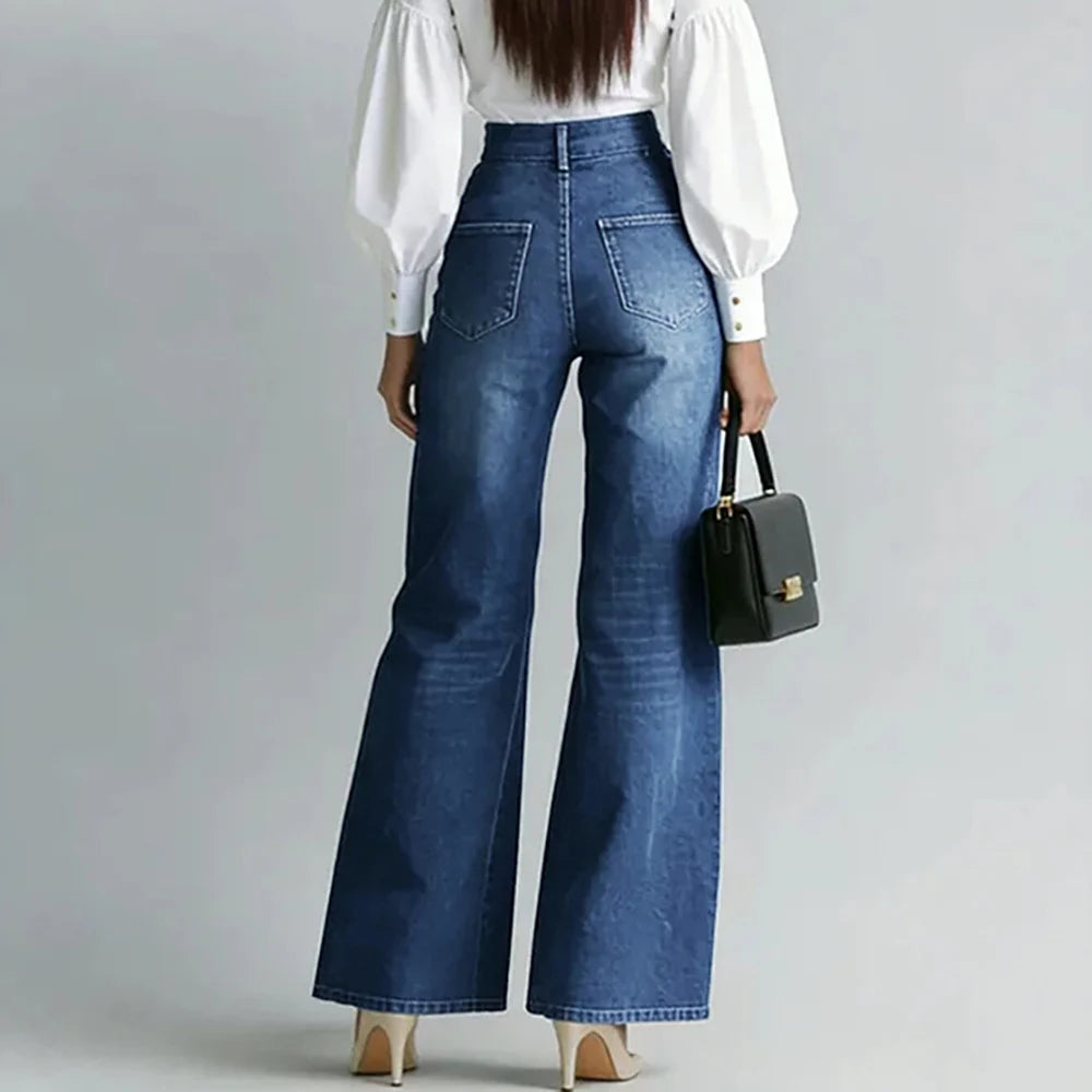 Women's Stylish Double Gold Zipper Denim Jeans Casual High Waist Vintage Straight Tube Wide Leg Flared Streetwear Denim Trousers