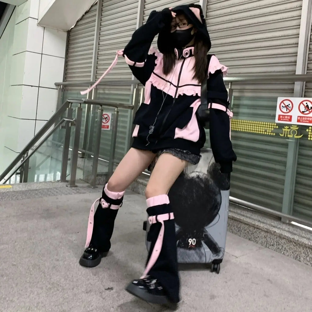 Autumn Winter Japanese Sweet Y2K Clothing Hoodie Women Kawaii Vintage Coat Female Patchwork Korea Style Chic Cardigan Outfits