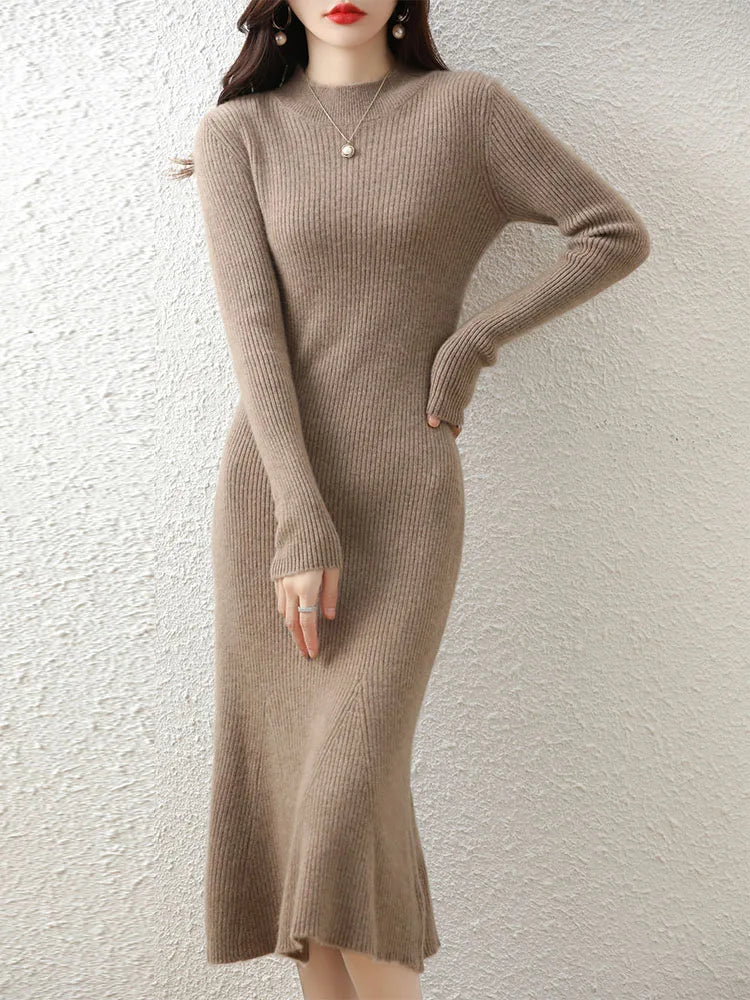 Cashmere Sweater Women's Knitted Dresses 100% Merino Wool O-Neck Elegant Party Dress Autumn Winter Female Pullover Casual Skirts