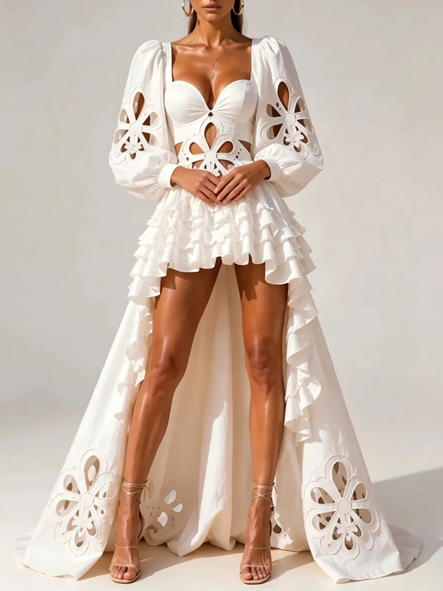 VGH Fashion Style White Cutout Floral Accent Gown for Women Square Collar Puff Sleeve Asymmetric Train Skirt for Beach Elopement
