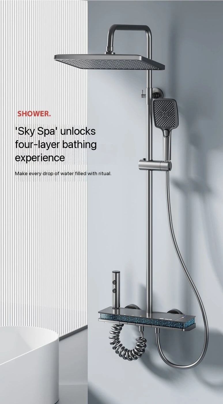Gray Piano Button Ambient Light Bathroom Shower Full Set Digital Display Shower System Sets Rain Faucets Shower Head