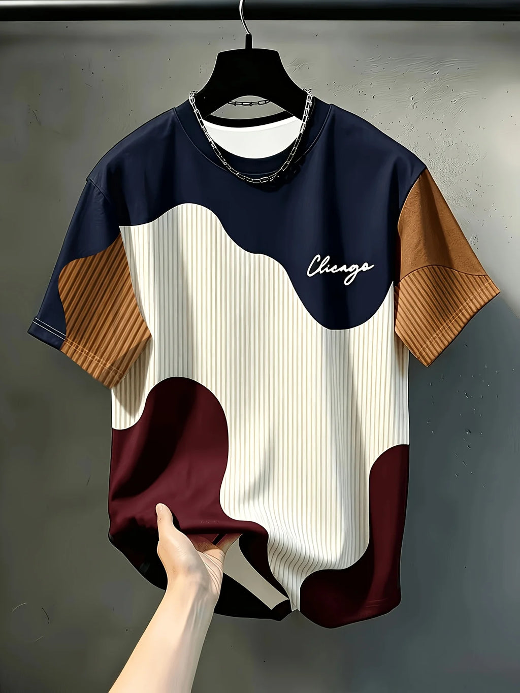 New Summer Men's Chicago Script Letter T-Shirt Asymmetrical Color-Block Vertical Stripes Crew Neck Casual Short-Sleeve Top