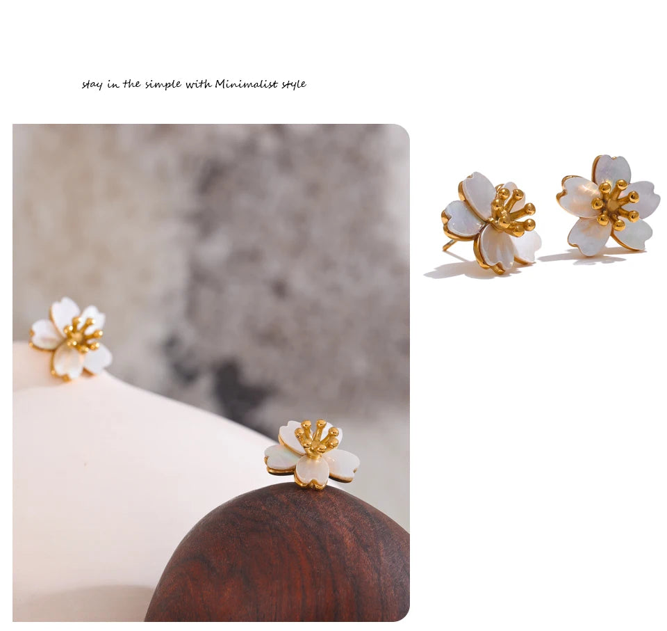 Yhpup High Quality Natural Shell Flower Golden Daily Stud Earrings for Women Prevent Allergy Stainless Steel Exquisite Jewelry