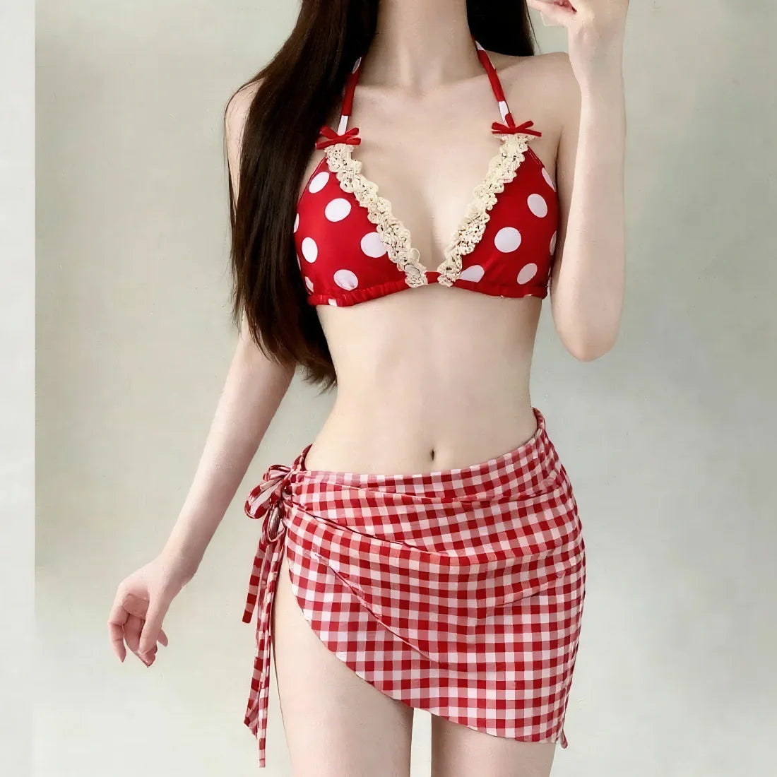 Women Summer Sexy Polka Dot Lace Ruffle Bow Halter Tie Bikini Tummy Control Slim Split Swimsuit Beach Vacation Pool Bathing Suit