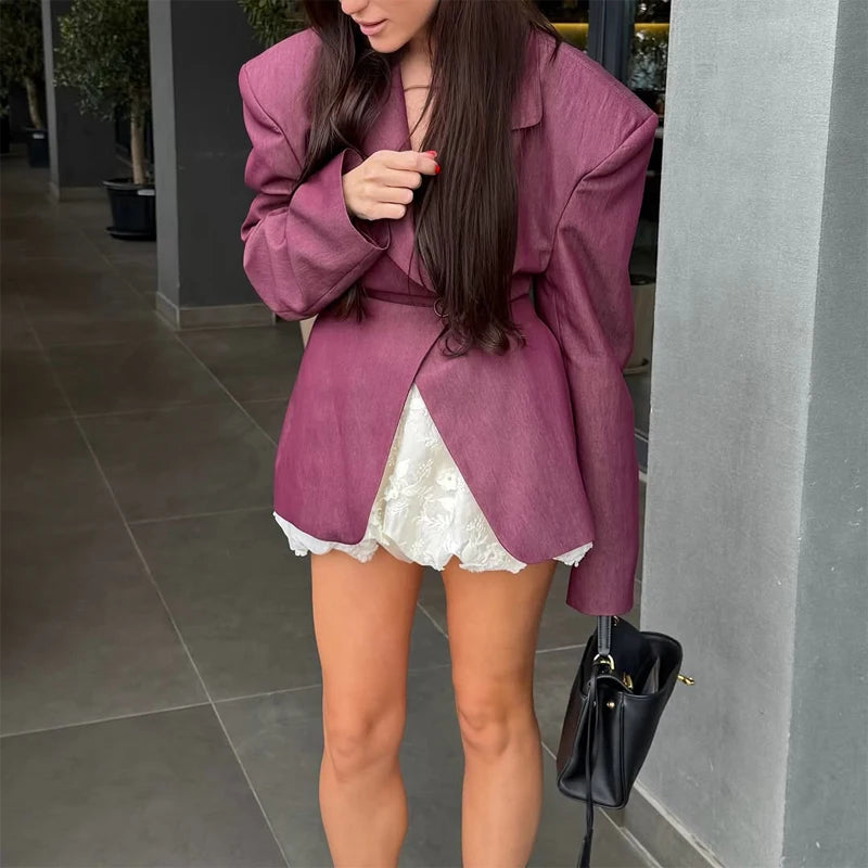 Dark Burgundy Waist-Cinching Shoulder Pad Blazer 2026 Women's Stand Collar Button Design Height-Enhancing Slimming Commute Coat