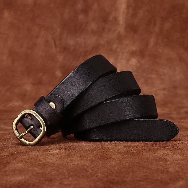 2.3CM Ladies Pure Cowhide Copper Buckle Genuine Leather Casual Jeans Thin Belt Women High Quality Retro Luxury Female Waistband