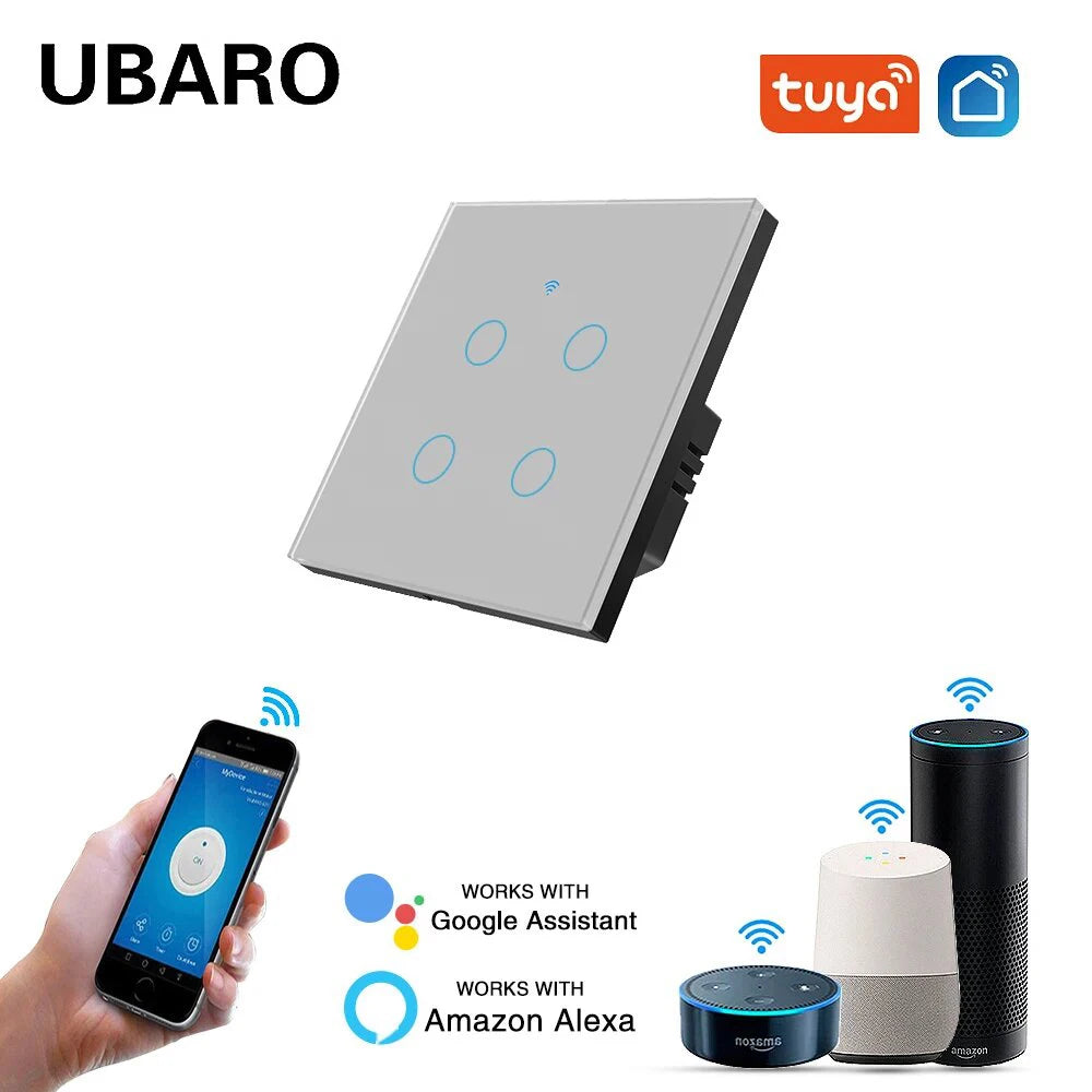UBARO 86×86mm 1/2/3/4 Gang WiFi Smart Touch Switch, Tuya App/Voice Control, Timer, 2-Way/1-Way, Neutral Required