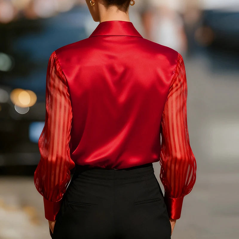 Fashion Women Long Sleeve Silk Shirt Black Turn Down Collar Button Blouse Women Office Tops Mesh See Through Sleeve Satin Shirt