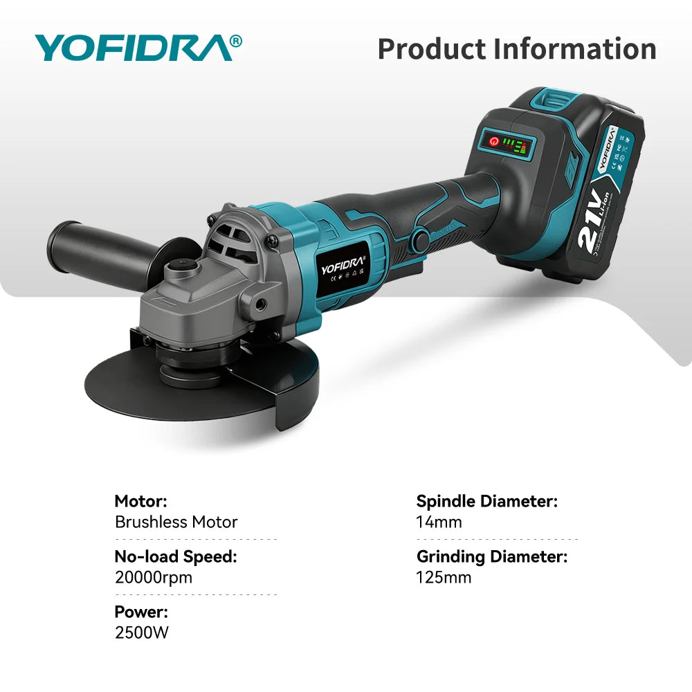 YOFIDRA 125mm Brushless Angle Grinder 3 Gears Cordless Grinding Machine Cutting Woodworking Power Tool For Makita Battery Pin