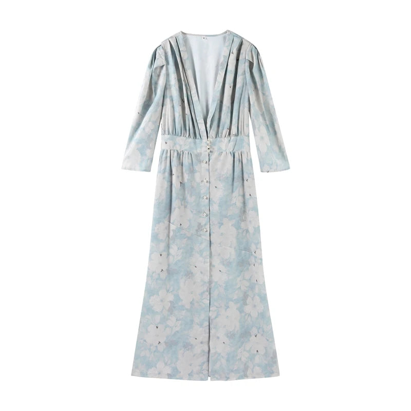 Fashion Printed Deep V Neck Women Slim Dresses Chic Long Sleeve High Waist Dress Summer New Beach Party Lady High Split Vestidos