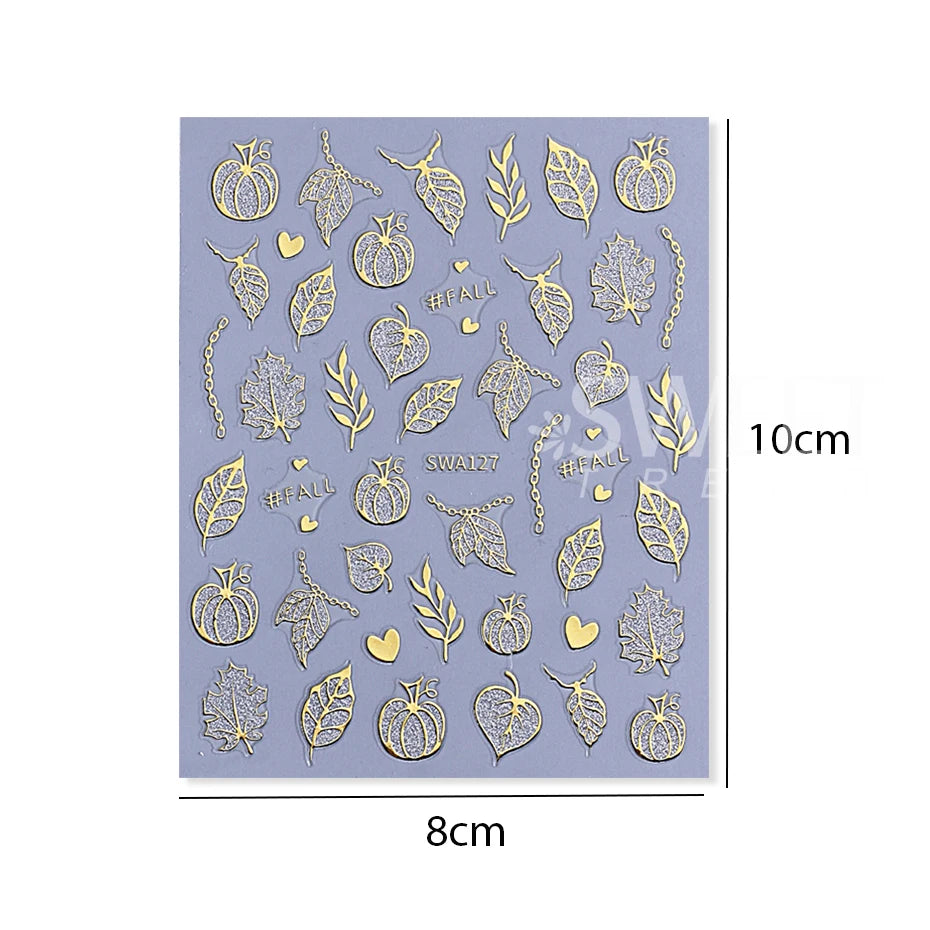 2pcs Glitter Pumpkin Nail Art Stickers Autumn Shiny Fall Leaves Designs 3D Self Adhesive Nail Decals DIY Manicure Decoration