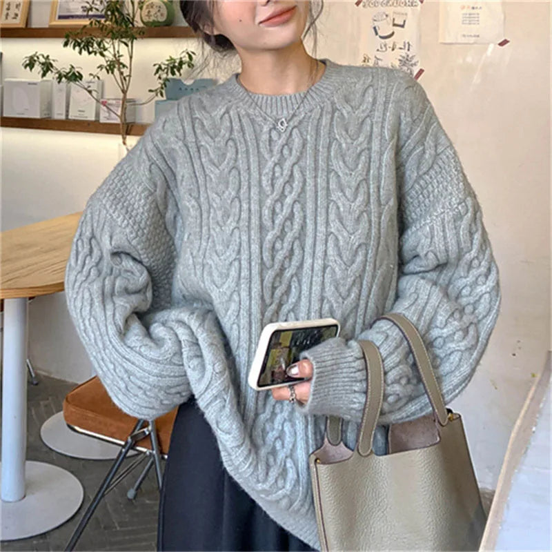 Autumn Winter Thicken Warm Pullover Sweater Women Vintage Loose Twist Knitted Jumper Woman All-Match O-Neck Long Sleeve Pullover