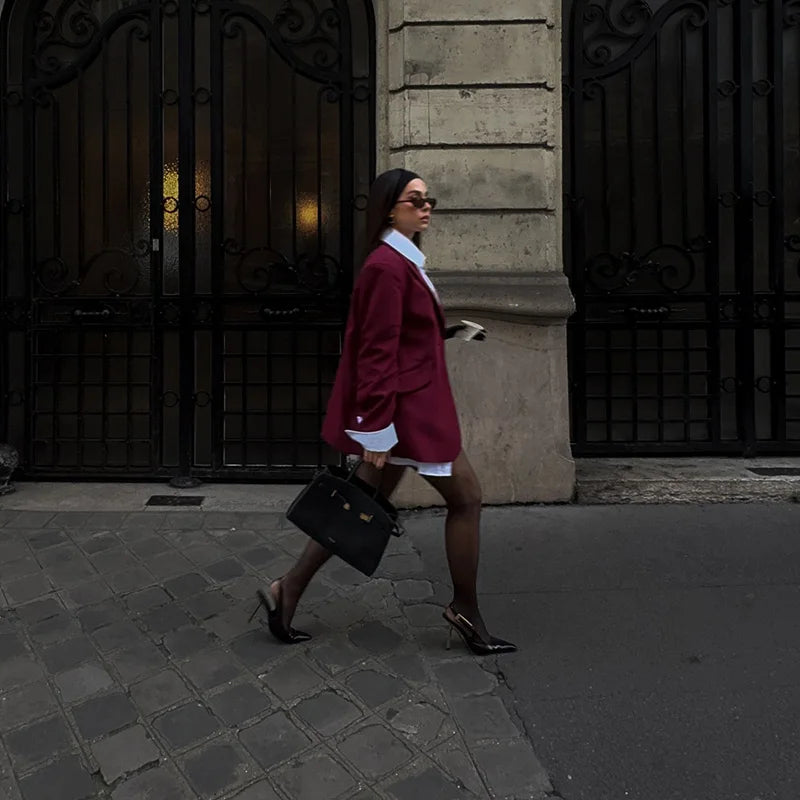 Woman's elegant Wine red suit jacket chic Long sleeved shoulder coat 2026 Fashionable commuting outfits streetwear