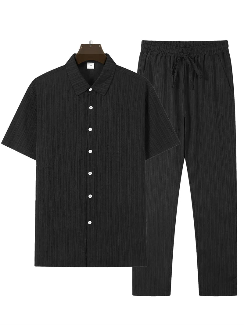 spring Summer Men Sets short-sleeve cardigan lapel shirt+trousers suit men's fashion 2 pieces tracksuit striped leisure suit