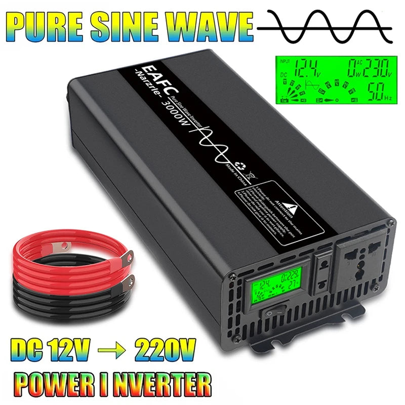 Universal 3000W Power Inverter DC 12V to AC 220V with USB Port – Solar/Car/Home Use Pure Sine Wave for LED Display RV Camping